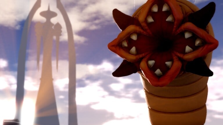 In-game Roblox screenshot: a sandworm with a flower-toothed maw in front of the three-arch Watchtower.