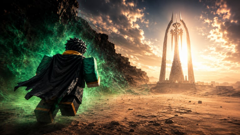 A cloaked Roblox avatar with a green spirit aura looks across desert ruins toward the three-arch Watchtower at sunset.